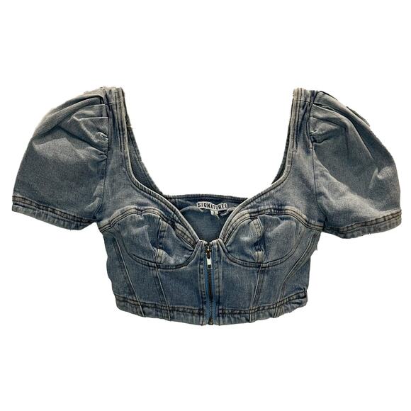 Signature 8 – Jordi Puff Sleeve Denim Crop Top – Medium Wash – Size S - Picture 1 of 5